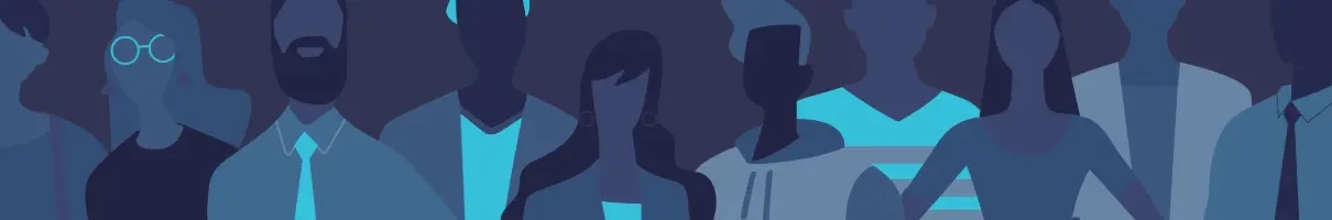 Ilustración de personas en tonos azules, representando los titulares de datos detrás de cada relación comercial B2B
